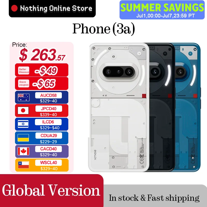 Global Version Nothing Phone (3a)  6.77 inch Flexible AMOLED  Snapdragon 7s Gen 3 5G 5000 mAh 50W  Charging 12GB+256GB