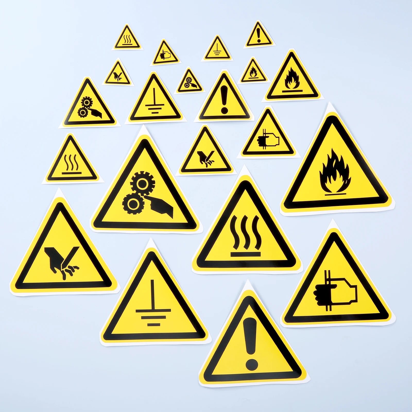 5Pcs Triangle Warning Sign Sticker 25/50/100mm Security Logo Stay Safe Label Water&Oil-Proof Tag Cogs Electricity Beware Hurting