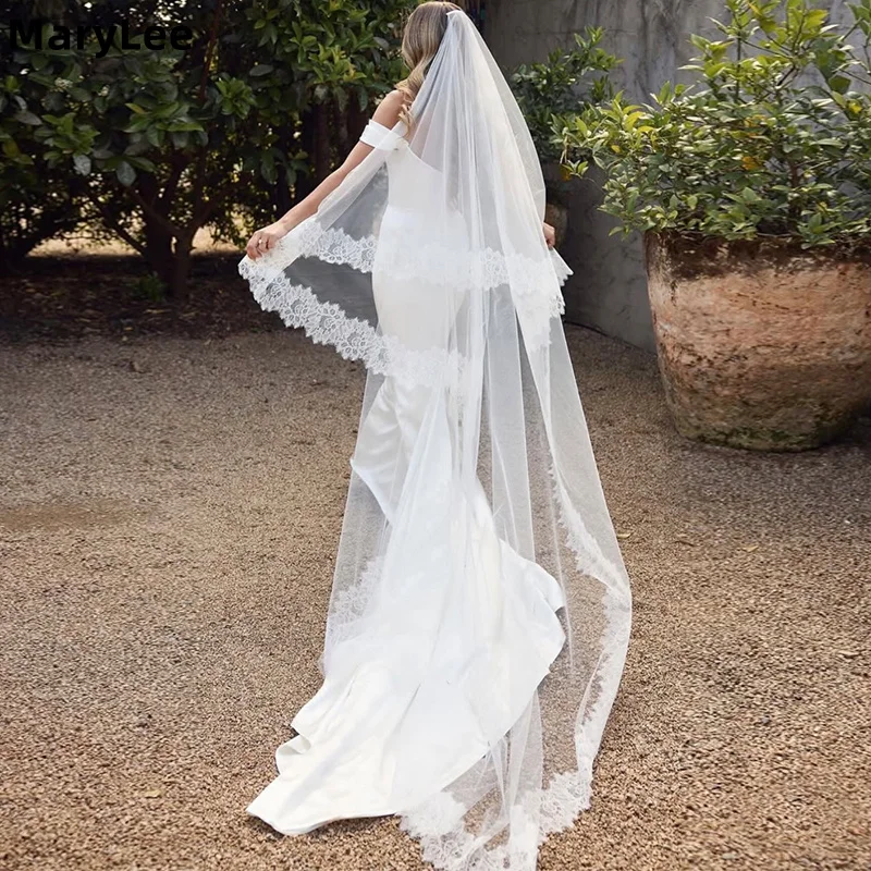 

Двухслойная свадебная фата с мягким кружевным краем и металлическим гребнем, на заказ, цвета слоновой кости, из мягкого тюля, фата-шлейф, свадебные аксессуары для невесты