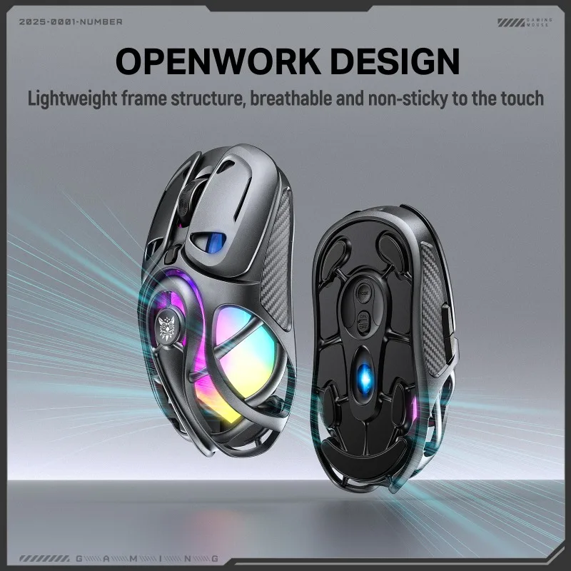 ONIKUMA DM02 Wireless Gaming Mouse Hollow Shell Lightweight Bluetooth 2.4G Wired RGB 1000Hz Polling Rate Ergonomic Esports Mouse
