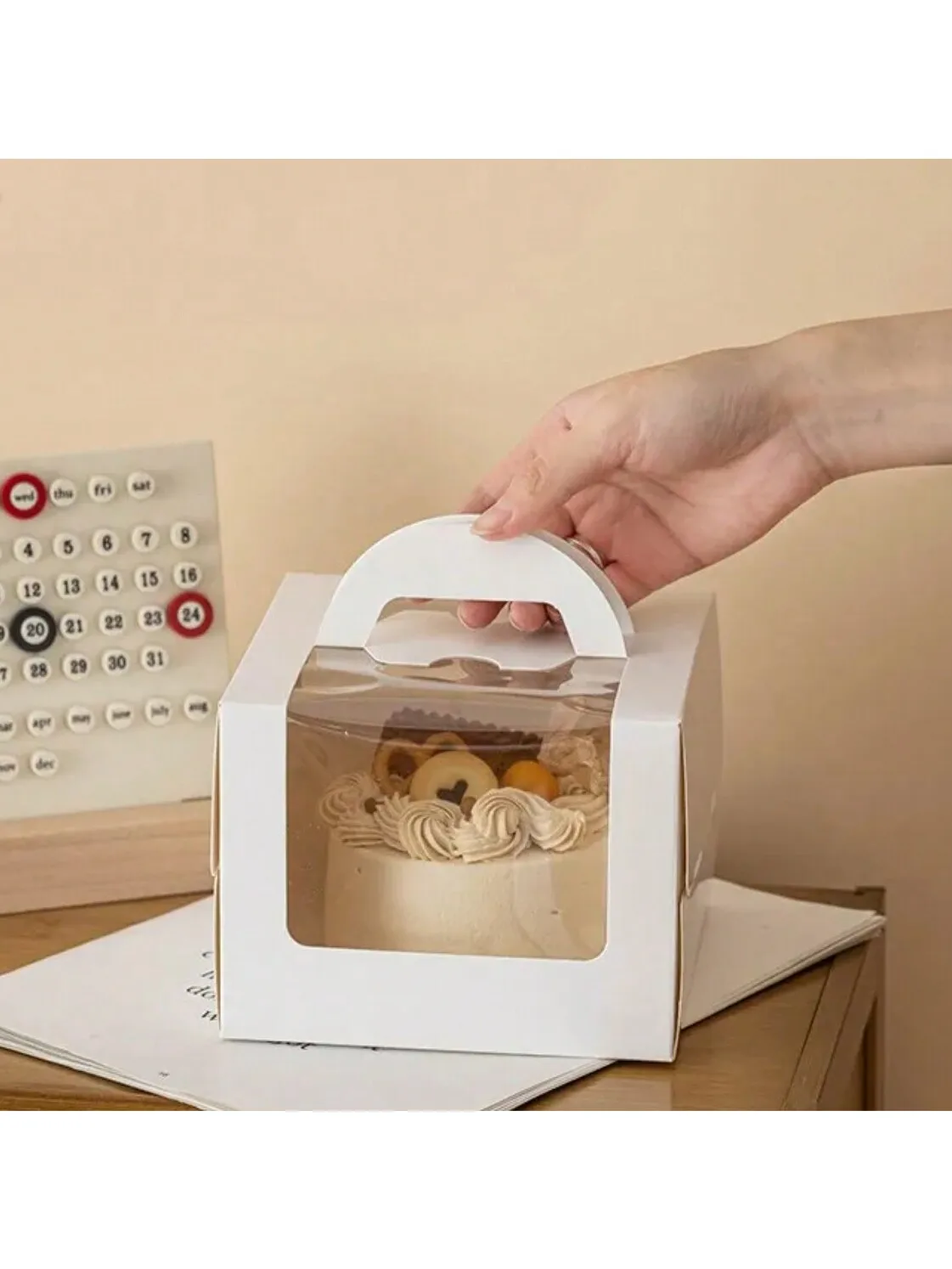 5 Stück weiße Kuchenboxen mit Fenster und Griff, tragbare Papier-Bäckereiboxen für Cupcakes, Kuchen, Kekse, Gebäckverpackungen – Detail 5