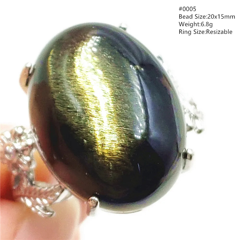 Natural Gold Obsidian Flash Adjustable Ring Crystal 925 Sterling Silver 20x15mm Woman Gold Obsidian Ring Oval Jewelry AAAAA