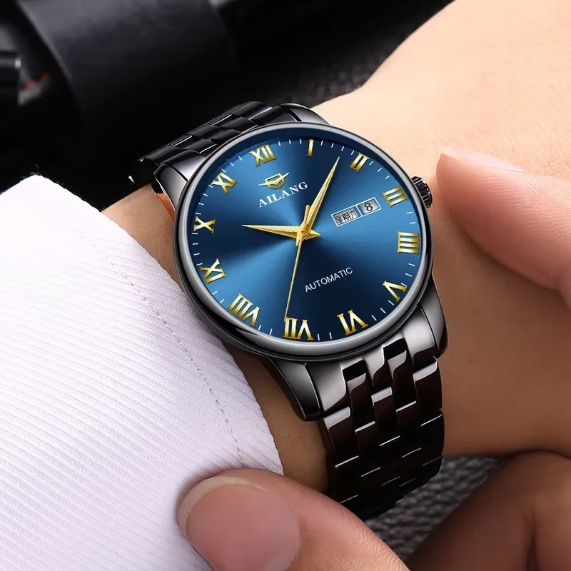 Simple Classic Ailang Business Stainless Steel Case Mechanical Watch Automatic Water Resistant 3ATM Elegant Style Dual Calendar