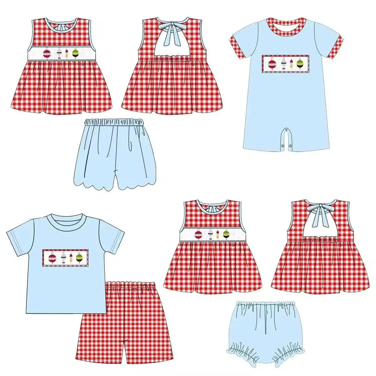 Hot selling children's summer clothing red plaid printed tops blue shorts fish float printed boutique summer milk silk