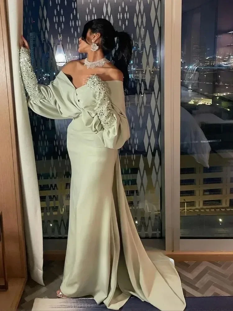 Sukienki wieczorowe w stylu vintage, z odkrytymi ramionami, o kroju syreny, długie, z brokatem, bufiaste rękawy, formalne suknie na przyjęcia, sukienki koktajlowe.