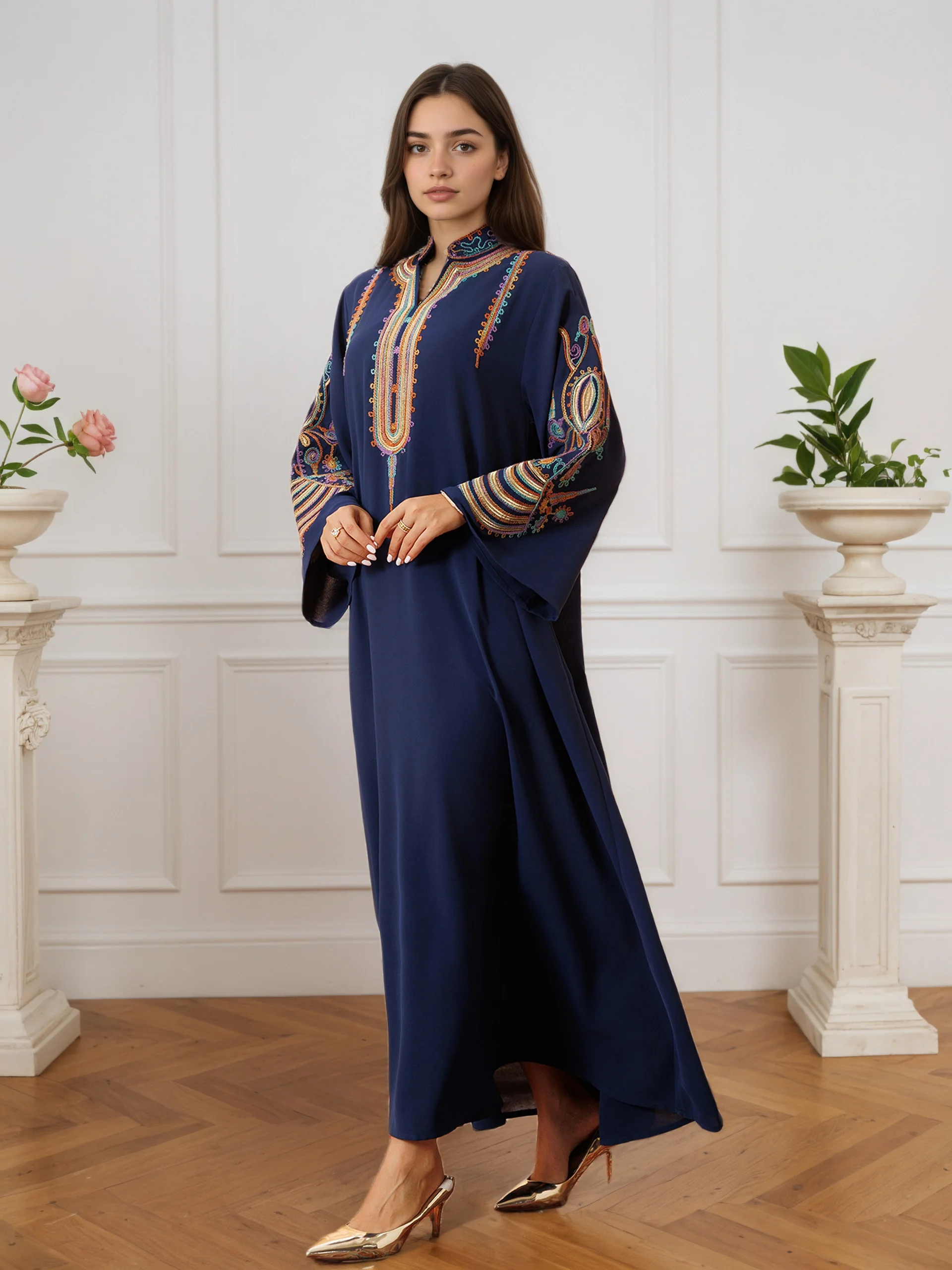 New Dubai Luxury Navy Blue Muslim Abaya Colorful Intricate Embroidery on Neckline Sleeves for Middle Eastern Weddings End Iftar