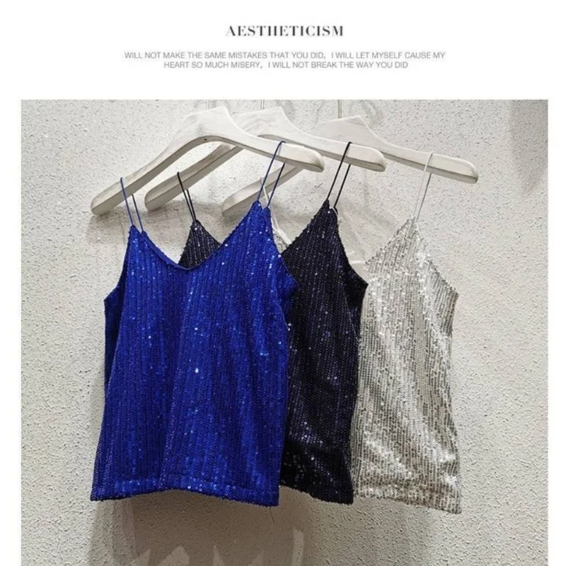 Y2K Halter Tank Top Summer Aesthetic Clothes For Women Solid Vintage Crop Tops Tees Evening Glitter Shiny Sequins Loose Vest