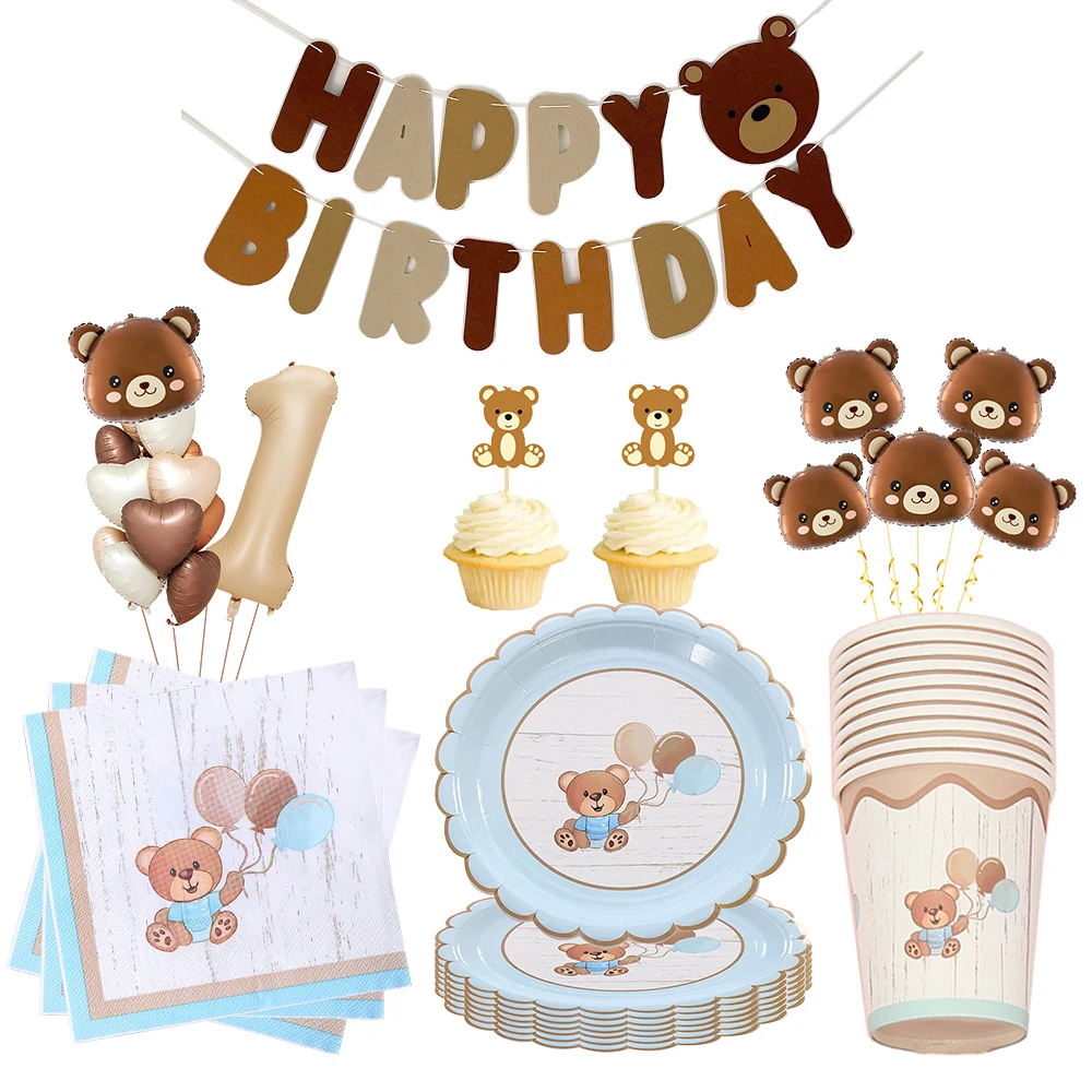 Brown Teddy Bear party napkins plates cups Banner Teddy Bear balloon Baby Shower kids Teddy Bear Birthday Party decor supplies