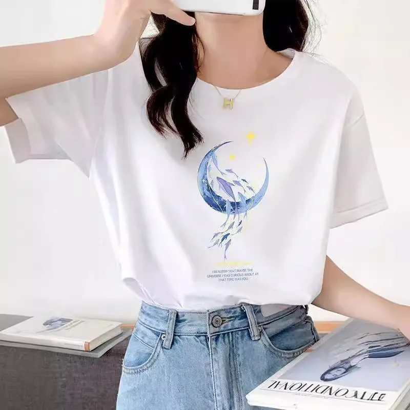 Pure Cotton round Neck Printed Short Sleeve Top Women Summer Loose Casual Half Sleeve T-Shirt Couple Trendy Soft Comfortable