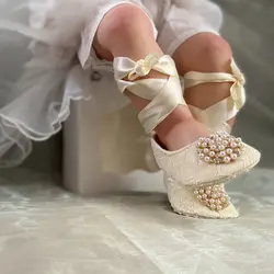 Ivory Lace Baptism Girl Shoes Photography Flower Baby Glitter Pearly Flower Shoes Soft Comfortable Infant Footwear