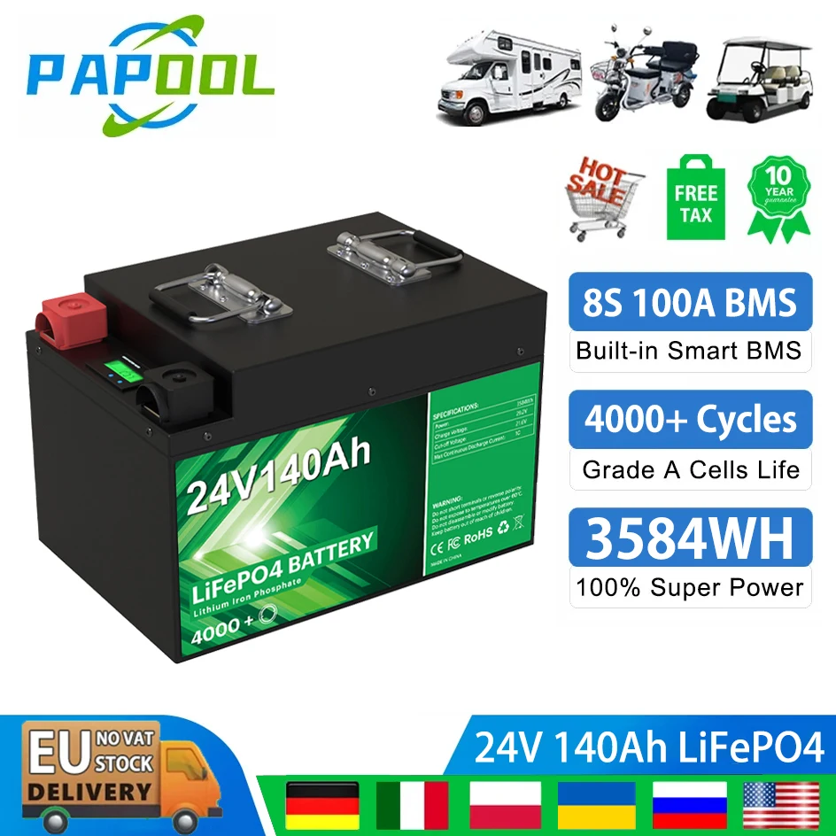 

LiFePo4 Battery 24V 140Ah 100Ah Built-in Grade A Cells 25.6V BMS 200Ah 240Ah 300Ah Rechargeable Solar RV Lithium Battery NO TAX