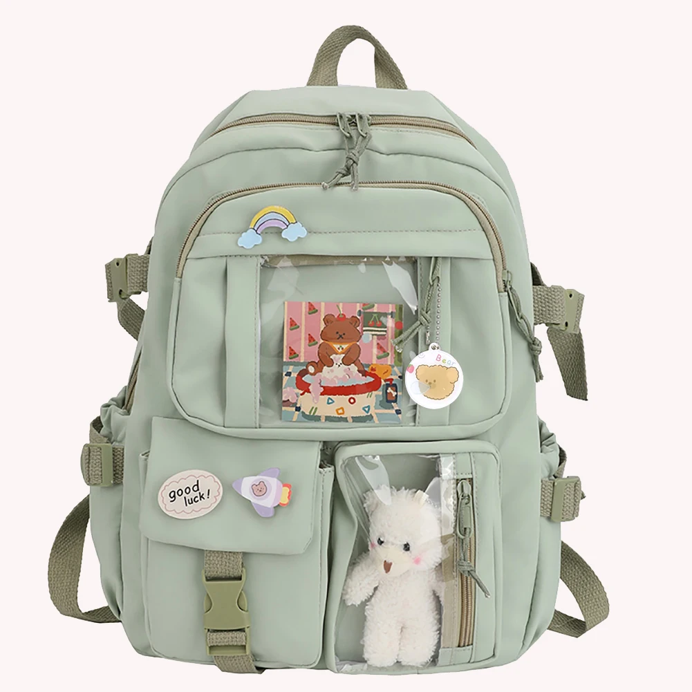 Estudante universitário mochila moda casual sacos de livro náilon com pingente de pelúcia pino bonito grande capacidade estilo japonês para meninas adolescentes