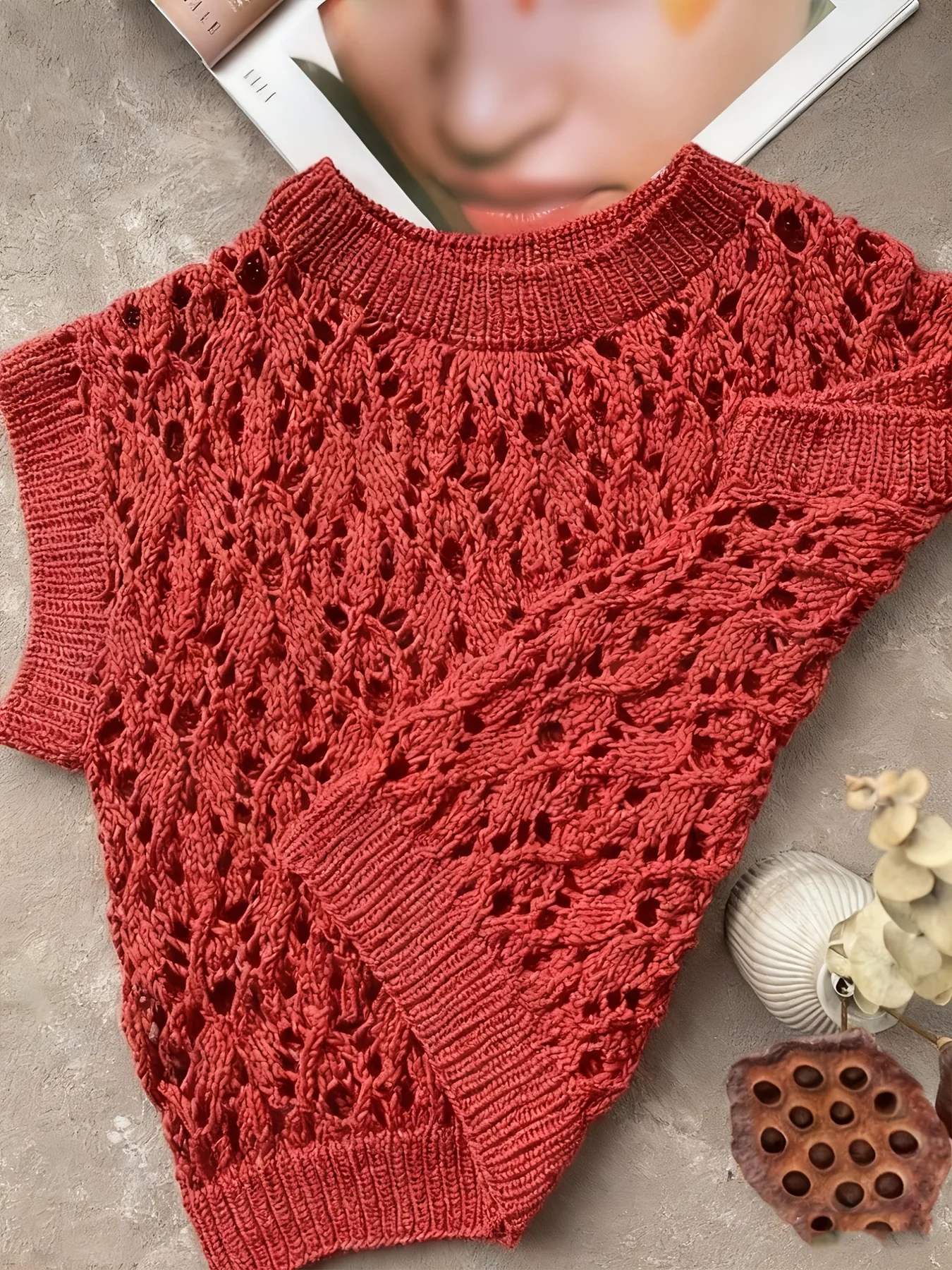 

Vintage Red Crochet Knit Vest Women Casual Sleeveless Pullover Sweater Vest Hollow Out Knitwear for Summer Beach