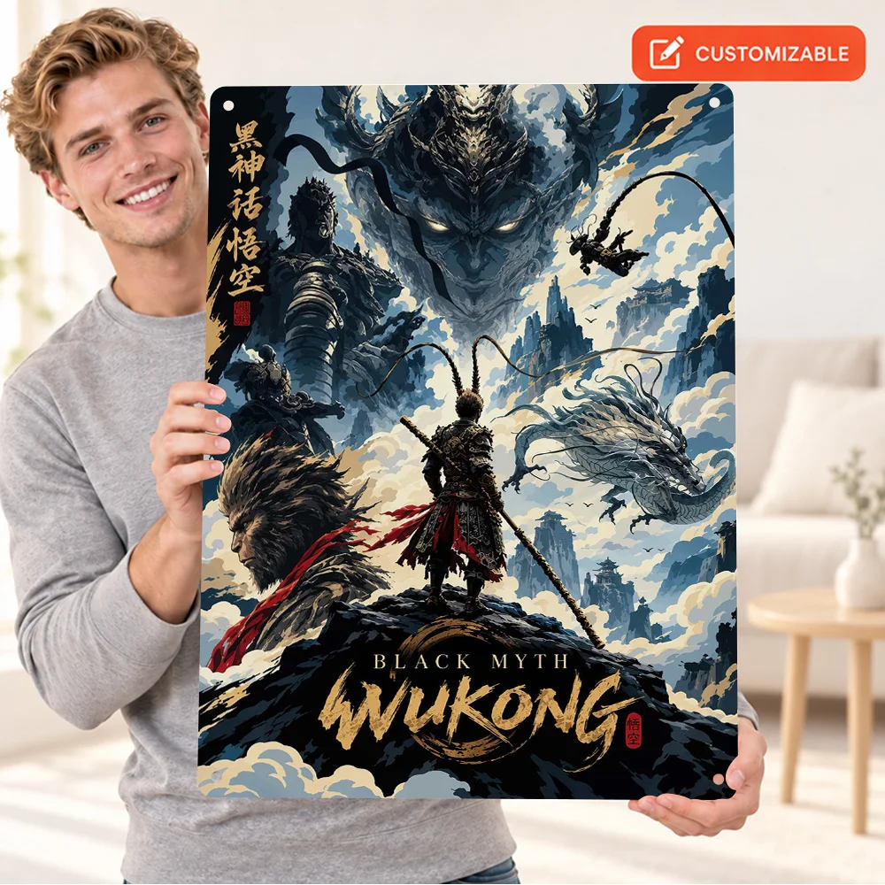 Black Myth Wukong Epic Printed Poster Personalized Aluminum Metal Sign Cinematic Digital Illustration Wall Art For Gaming Corner