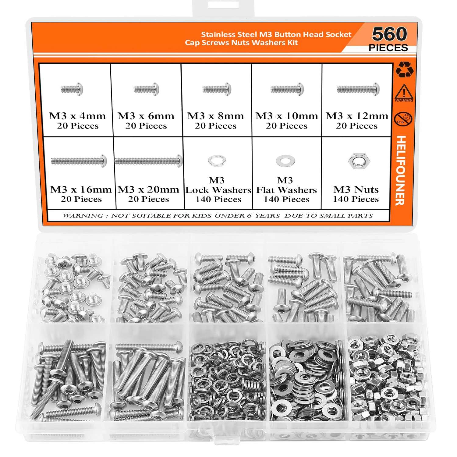 

560 Pieces M3 x 4/6/8/10/12/16/20mm, Button Head Socket Cap Screws Bolts Washers Nuts Kit, Stainless Steel
