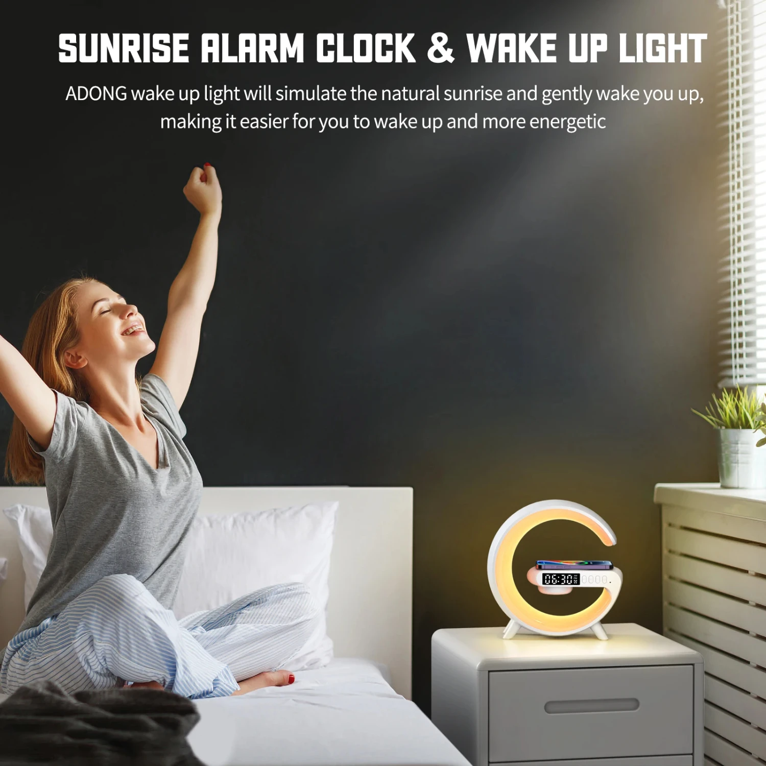 

Smart Wireless BT Speakers With Wireless Fast Charging, RGB Light, Sunrise Alarm Clock & Wake Up Light - Perfect For Bedrooms!