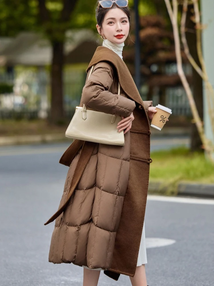 Women Patchwork Wool Long Fluffy Puffer Jacket Female 2025 New Winter Belt Top Clothing Thicken Warm White Duck Down Coat