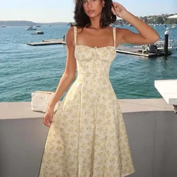 YENKYE Sexy Elegant Women Lace Patchwork Floral Print Sling Midi Dresses Holiday Summer Lady Party Vestidos Cotton Robe
