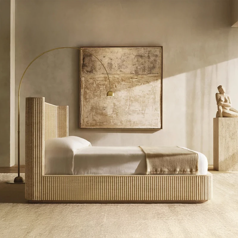 xx-RH Style Luxury Bedroom Set: BYRON REEDED STONE SHELTER BED with Wood Canopy, Queen King Size Double Bed