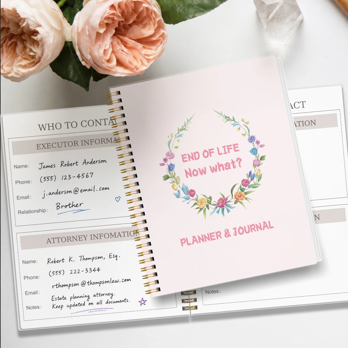 Carnet de planification de fin de vie, Organiseur de succession spirale avec pages pour contacts, avocat, notes et vœux posthumes