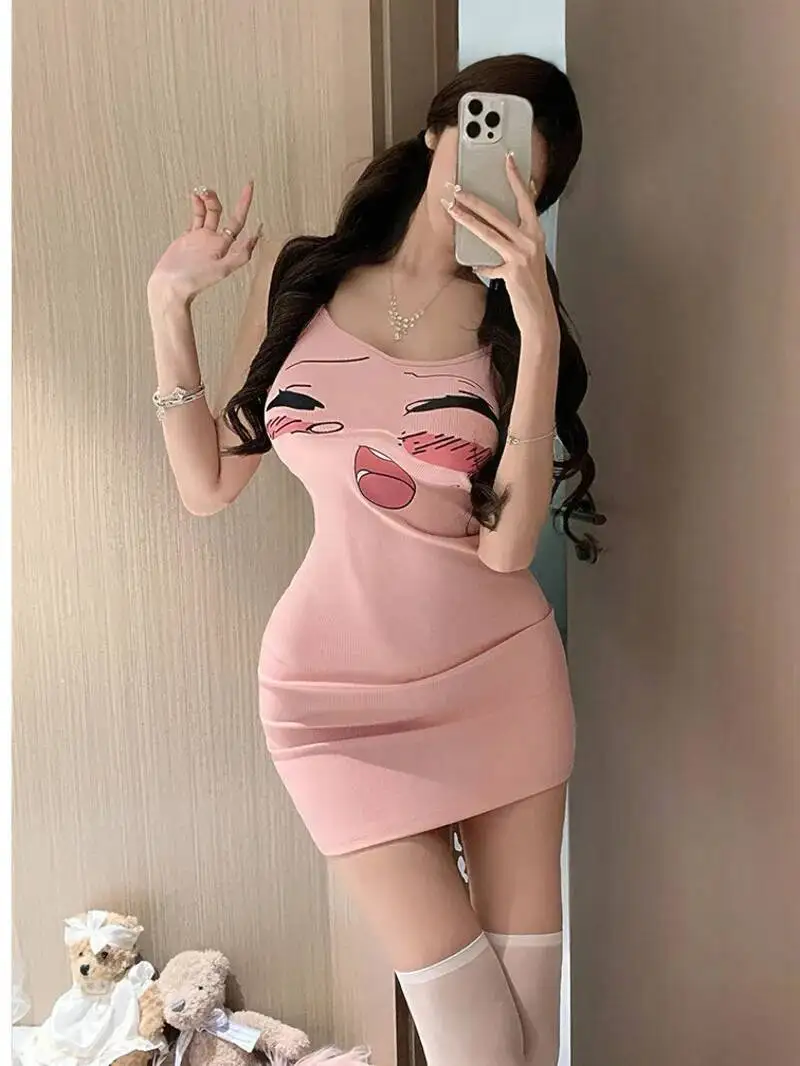 لطيف الكرتون مثير صيف جديد نقي لينة سليم أنيقة Bodycon بروتيل فستان موضة مثير فستان قصير تانك الحلو المرأة سليم الأعلى 8ZC
