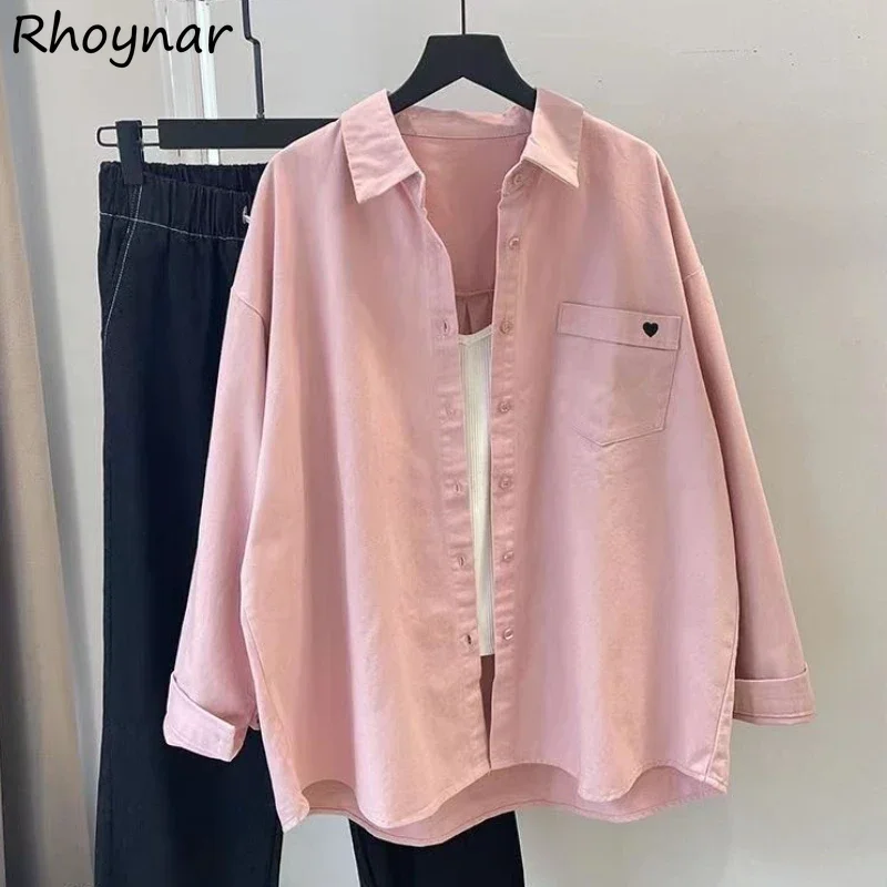 

Shirts for Women Love-embroidery Vintage Baggy Coats Spring Autumn Fashion College Street Wear Casual All-match Classic Design
