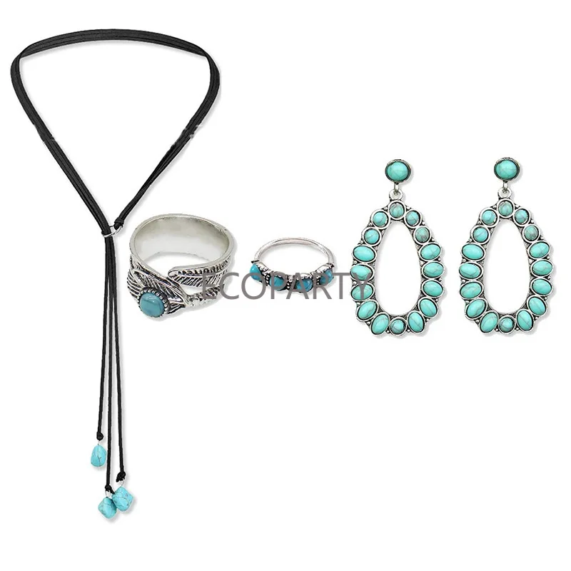 Accessoires de Cowboy occidental pour femmes, Style ethnique, chapeau de Cowboy, cuir chevelu de taureau, corde tressée, casquette en feutre, collier, boucles d'oreilles, bague, ensemble habillé