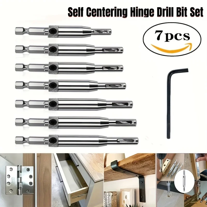 

7pcs Self Centering Hinge Drill Bits Door Window Cabinet Cupboard Hinge Drilling Holes Cutter Woodworking Center Drill Bits