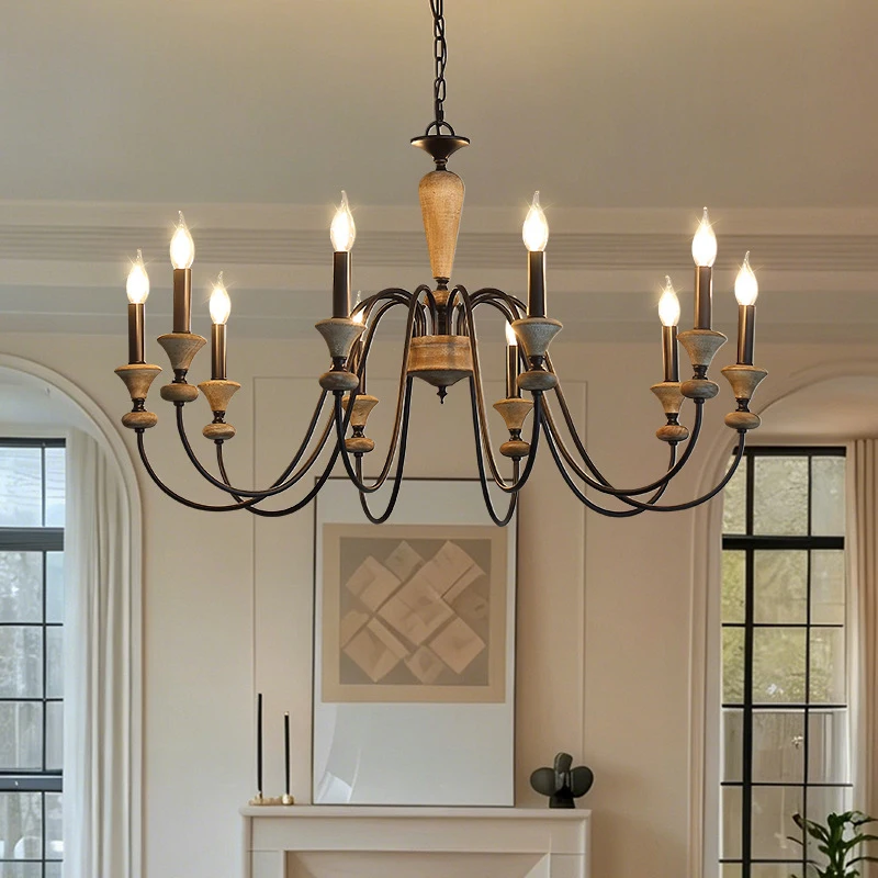 American Country 8 Heads Wooden Pendant Lamp Dining Room Kitchen Living Room Lamp French Restaurant Solid Wood Chandelier Lamp