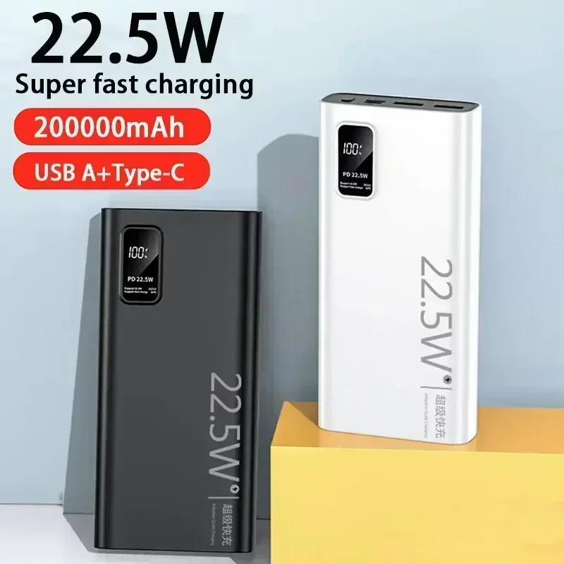 200000mAh Large Capacity Power Bank 22.5W USB C Fast Charging External Auxiliary Battery For iPhone 15 14 Samsung Xiaomi