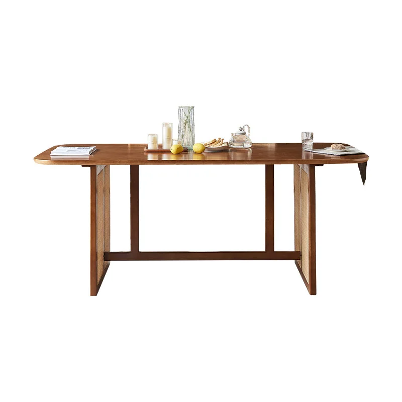 

Rattan solid wood dining table household small apartment dining table and chair combination simple