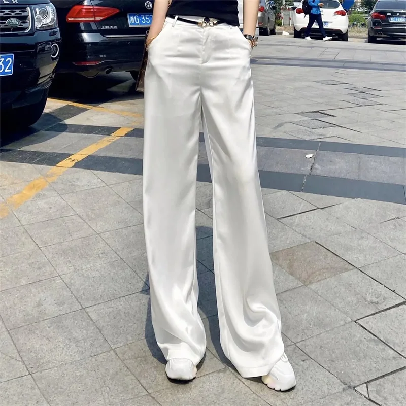 

White Black Office Ladies Pants Spring Autumn Acetic Acid Fabric Women Suit Trousers Advanced Sense Elegant Straight Trousers