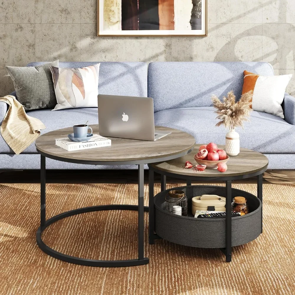 Coffee Table Set of 2 Dolce Gusto Greige Home Office Bedroom Small Circle Table With Storage for Small Space Salon Furniture