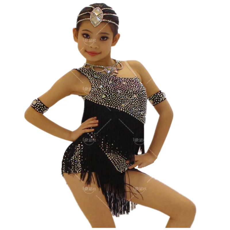 Children Professional Latin Dance Dress Kids Sequins Ballroom Dance Competition Dresses Girl Tassel Cha Cha Rumba Dance Costume