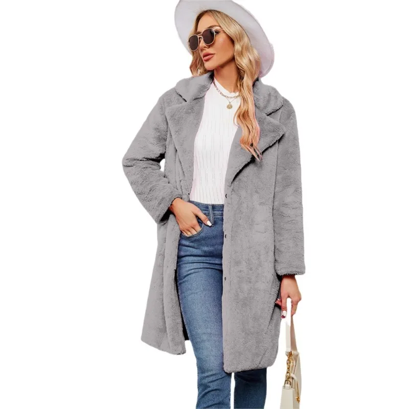 Cappotto in tinta unita a maniche lunghe monopetto con risvolto in pelliccia sintetica alla moda per cappotto casual e caldo da donna autunno e inverno 2025