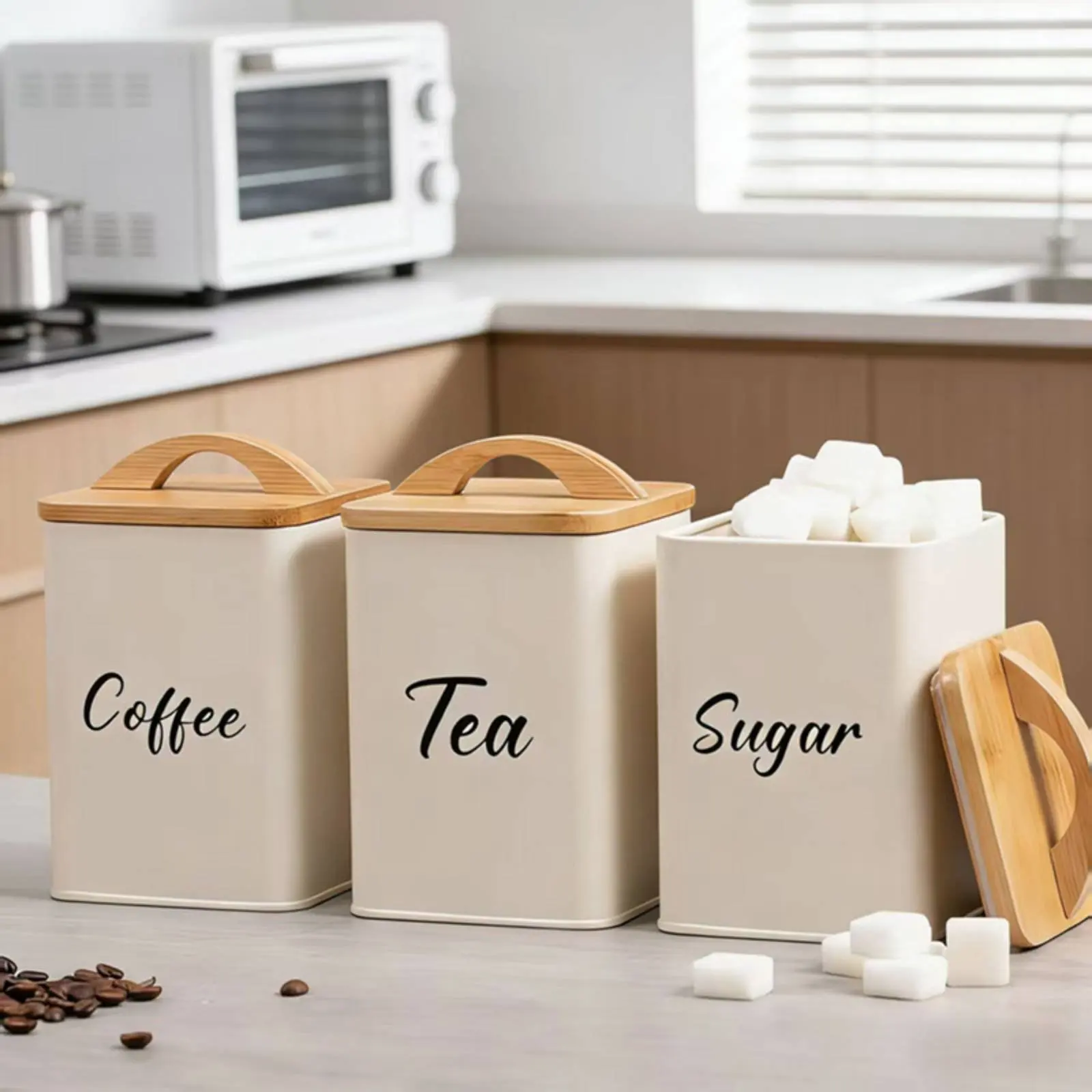 Lot de 3 boîtes carrées hermétiques pour le stockage du thé, du café et du sucre, avec couvercle en bambou, faciles à nettoyer, pour le rangement sur comptoir