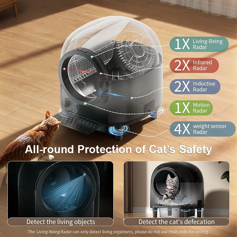 صندوق نفايات التنظيف الذاتي للتحكم التلقائي في التطبيق مع 10 صناديق فضلات القطط الكهربائية الذكية بمستشعر أمان