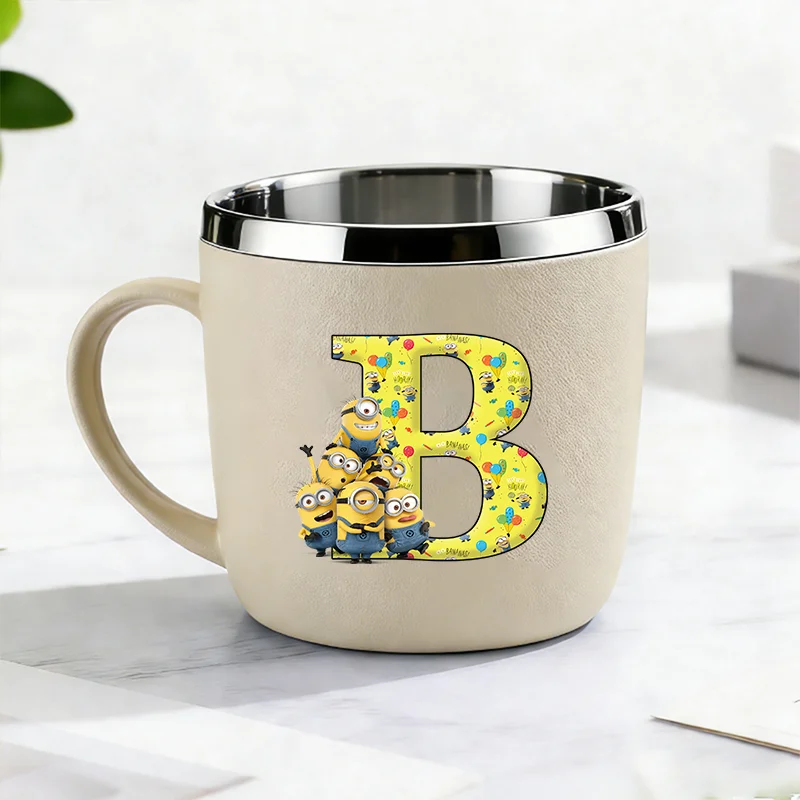 Minionses Stainless Steel Water Bottle Cartoon A-Z Letter Toothbrush Cups Simple Kawaii Anime Water Cup Boys Girls Birthday Gift