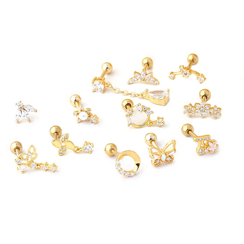 New Design 16G Stainless Steel CZ Dangle Cartilage Piercing Conch Tragus Helix Snug Screw Back Earring Stud Ear Jewelry