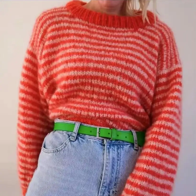 Long sleeved striped round neck loose lazy pullover knitted sweater comfortable  soft mohair handmade sweater spring style