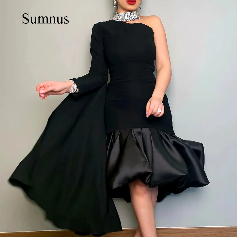 

Sumnus Black One Shoulder Mermaid Evening Dresses Ruched Satin Saudi Arabic Party Prom Dress Dubai Formal Gowns Knee Length