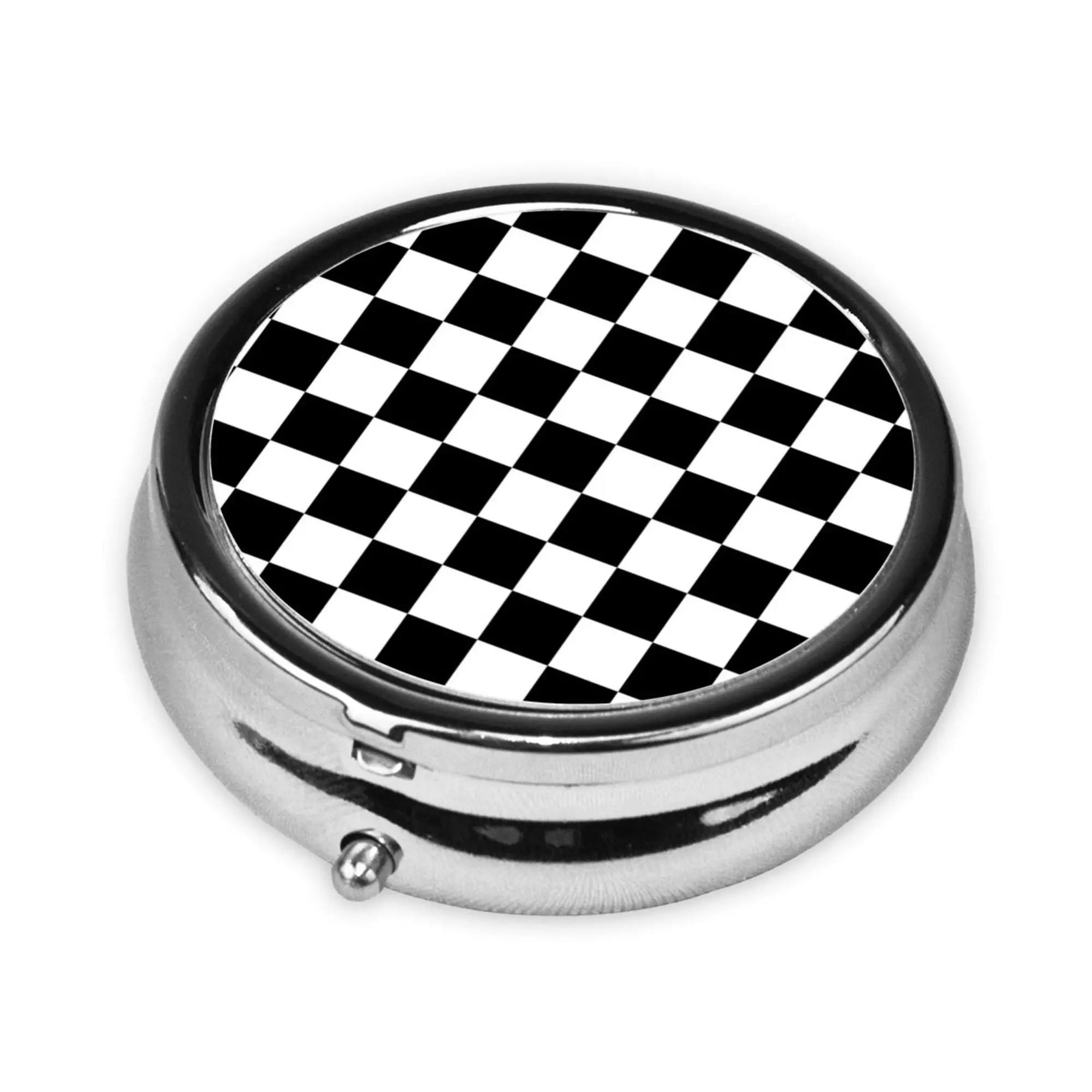 Black White Racing Checkered Pattern Round Pill Boxes Medicine Organizer Container Medicine Case Metal Pill Boxes