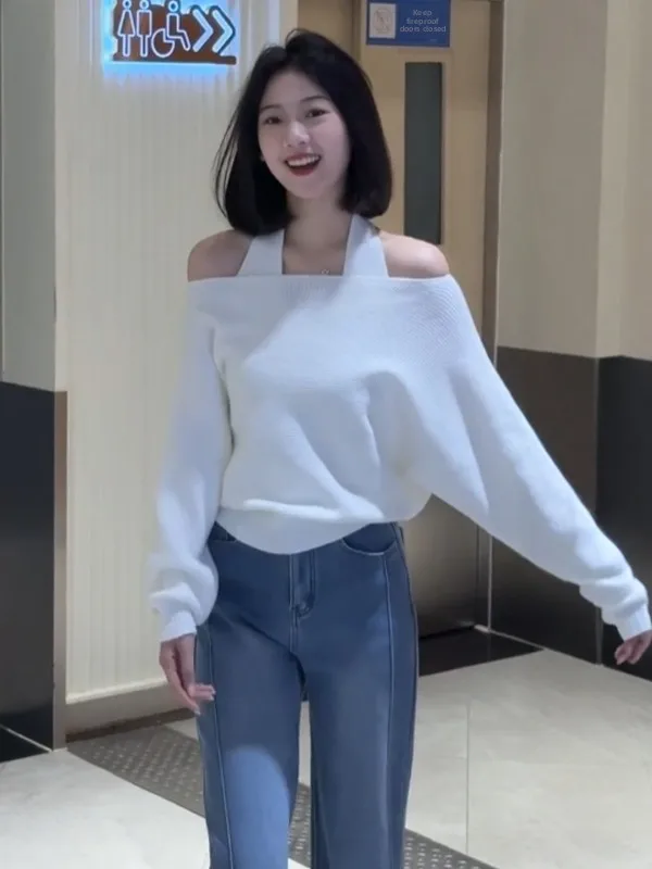 

Женский вязаный свитер из неолона с открытыми плечами, длинный свеч, свободная посадка, осенне-зимняя верхняя одежда, удобный мягкий корейский топ