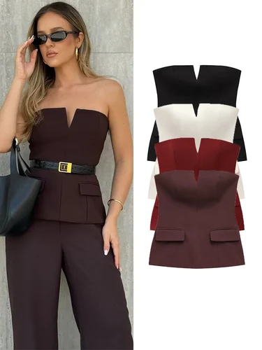 TFMLN Primavera Verano mujeres sin tirantes Crop 2025 Tops básicos sin mangas Oficina señora Tops tendencia calle clásico sólido tubo Tops