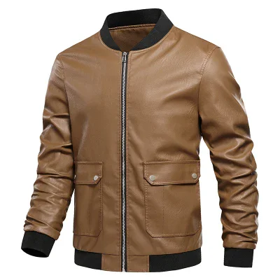 MAIDANGDI Men's Coat Baseball Jacket Style PU Material Round Neck Slim Fit Top Leather Jacket Windproof Artificial Leather