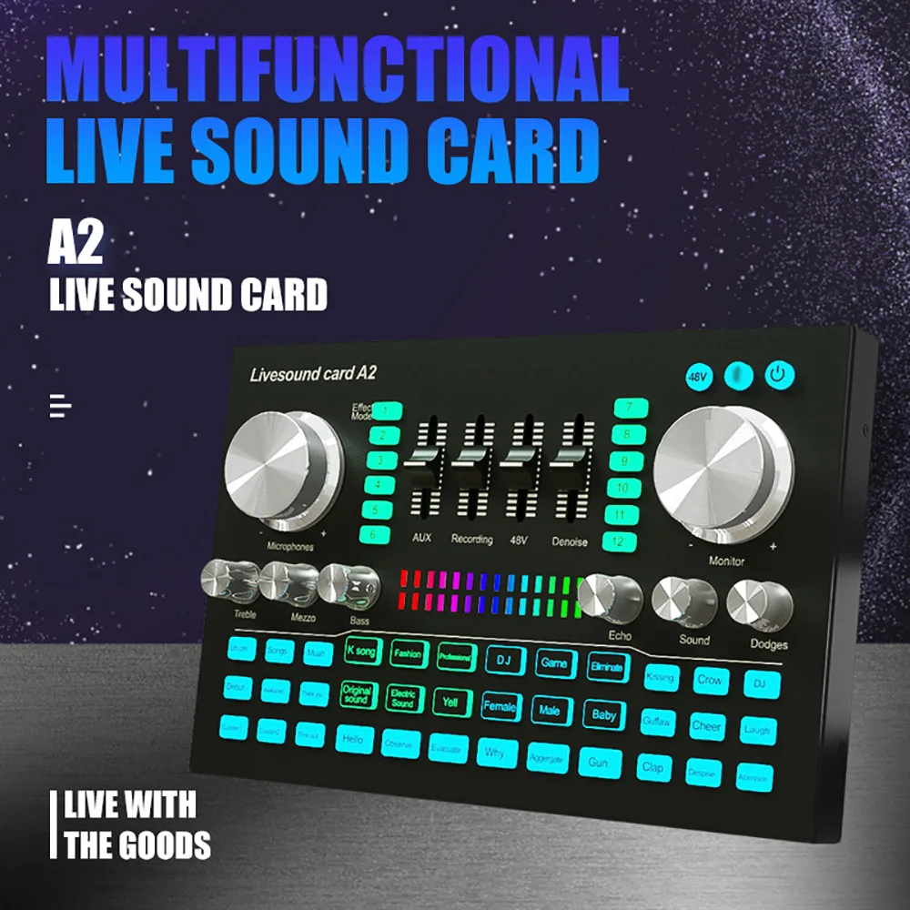 A2 Live Sound Card With 48V Power Supply Multifunctional Audio DJ Mixer Microphone Volume Adjustment For Live Streaming Singing