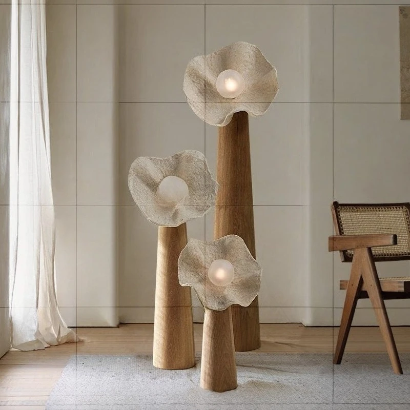 Wabi Sabi Style Solid Wooden Floor Lamps Living Dining Room Cafe Bedroom Art Homestay Decorative Flower Shape Art Table Lights