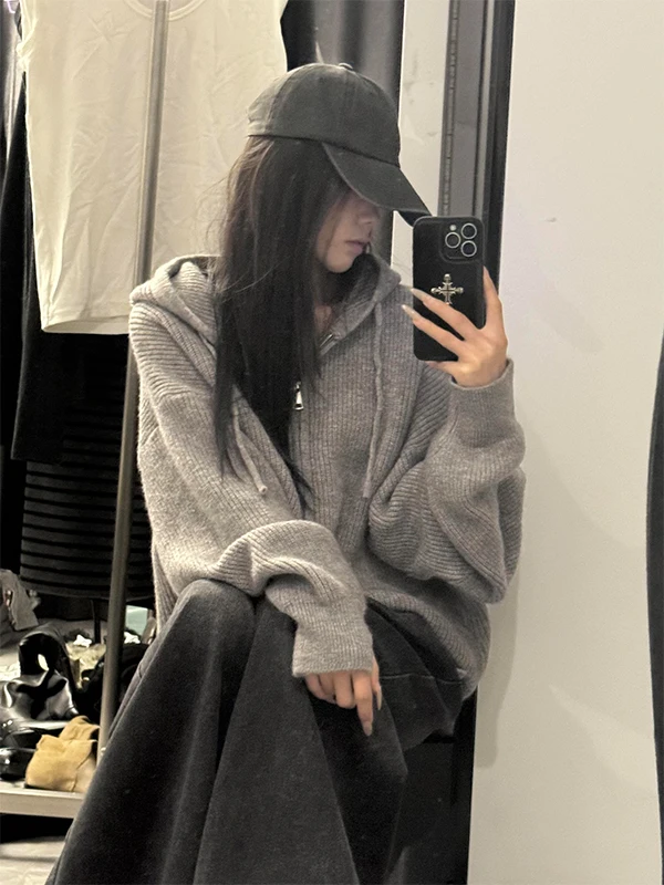 

Korean Style Grey Zipper Hoodie Knitted Open Cardigan Sweater Warm Versatile Casual Outerwear for Women Daily Commute