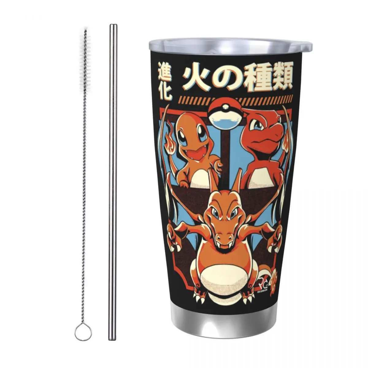 Gobelet isolé Pokemoned avec couvercle de pailles Charmander Charmeleon Charizard tasse thermique en acier inoxydable tasse de bouteille de voiture, 20 oz