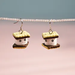 A Pair of Adorable Marshmallow Sandwich Cookie Design Drop Dangle Earrings - Handmade from Clay in Sweet-Style Ear Accessories,